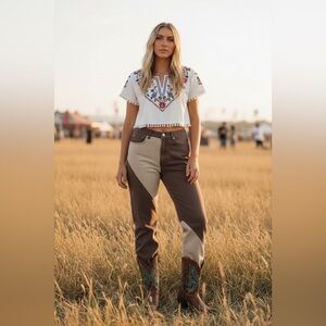 BDG Western Two Toned Coastal Cowgirl High Waisted Straight Leg Denim Jeans